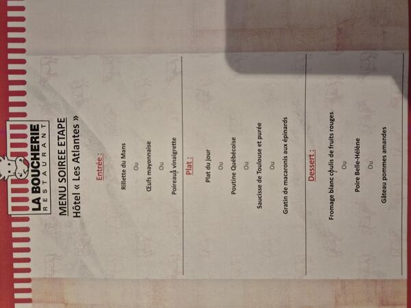 Menu soirée étape La Boucherie Royan